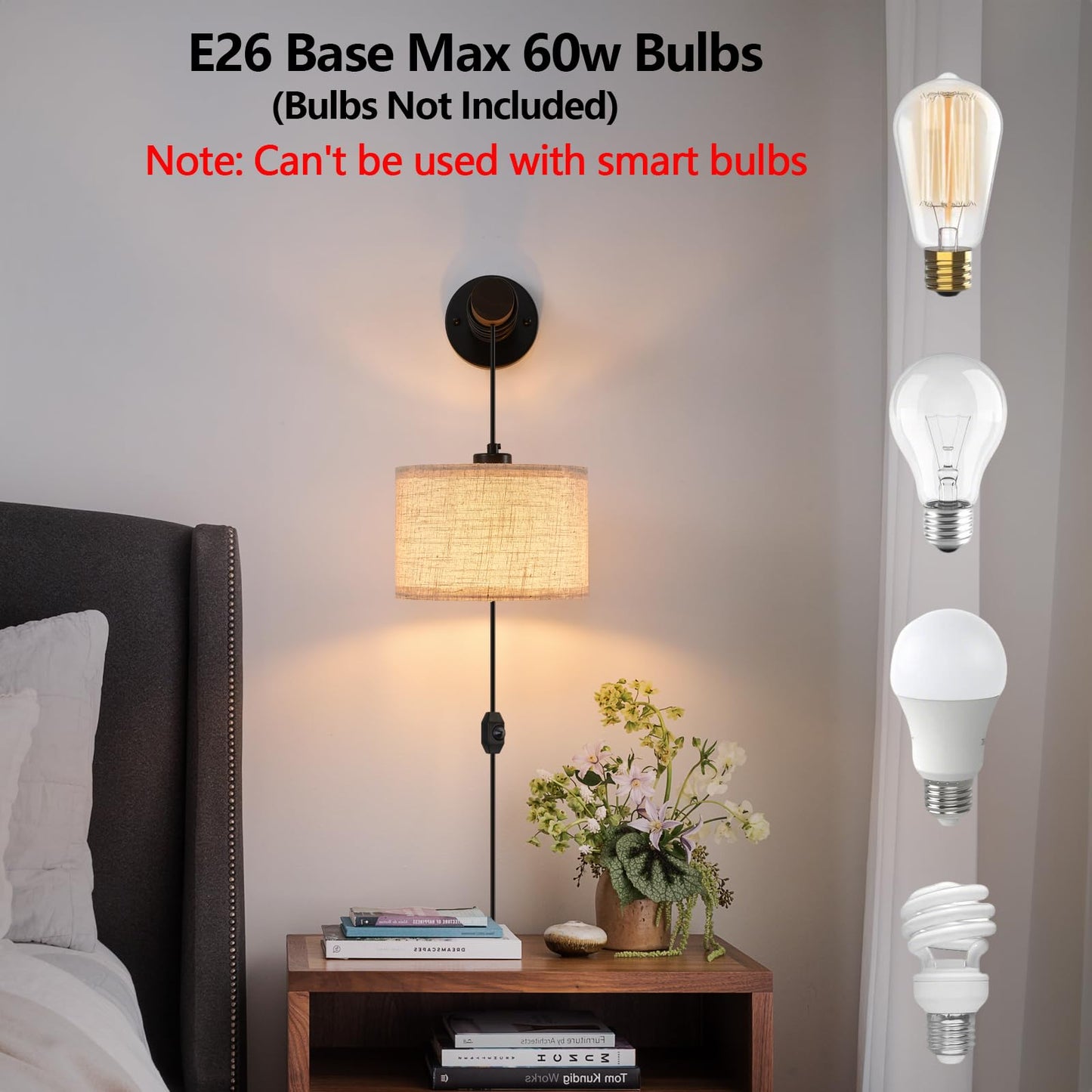 Xsdetu Plug In Wall Sconces Set Of 2  Farmhouse Wall Lamp With 5.9Ft Plug In Cord  Dimmable Hanging Wall Lighting With Fabric Shade  Adjustable Wall Mount Lights For Bedroom Living Room  Wooden Arm