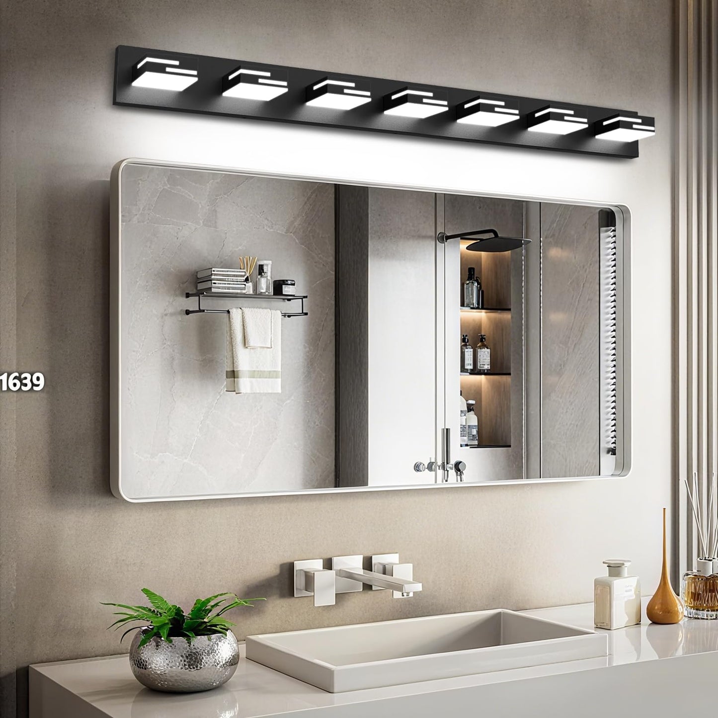 Lkhf Led Modern Bathroom Vanity Light Fixtures  7-Light 48-Inch Dimmable Matte Black Vanity Lights For Bathroom Lighting Fixtures Over Mirror  With 350?Rotatable Acrylic Heads (Cool White 6000K)
