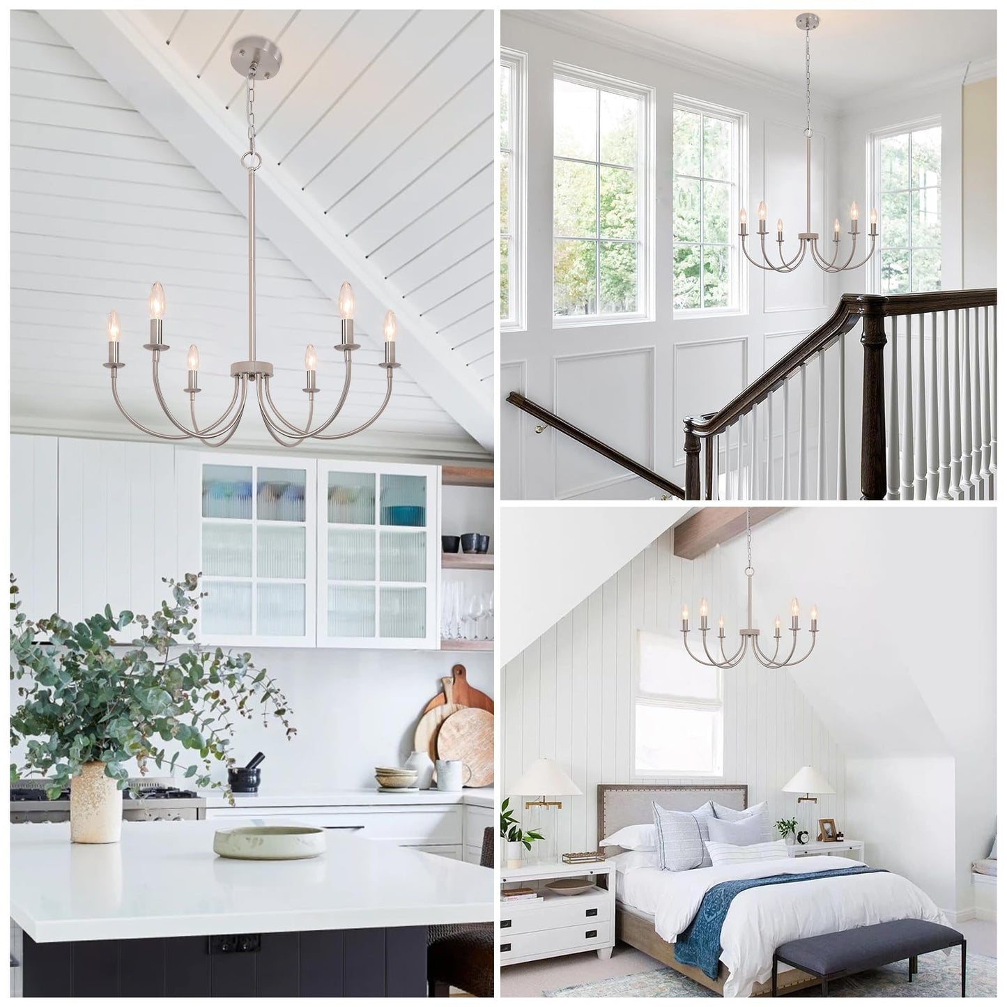 Puyveyor 6-Light Farmhouse Chandelier  Chandeliers For Dining Room Lighting Fixtures Hanging  Brushed Nickel Modern Candle Chandeliers For Living Room Foyer Kitchen Entryway