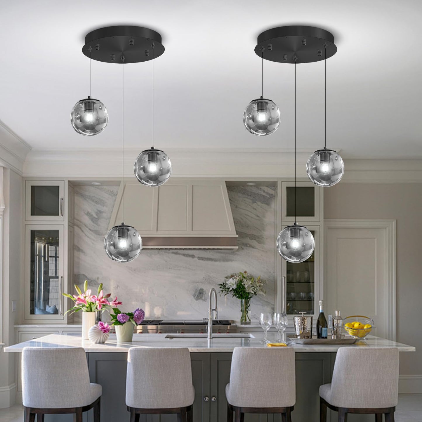 Ykolupty 3-Light Black Pendant Light Fixtures Modern Smoke Gray Glass Globe Pendant Lights Kitchen Island Adjustable Hanging Lights Globe Stairwell Lighting Black Chandelier For Dining Room