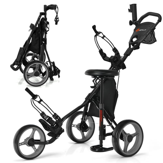 Goplus 3 Wheel Golf Push Cart, Lightweight Foldable Caddy Cart w/Adjustable Seat, Handle, Umbrella Holder, Foot Brake, Golf Trolley for Golf Bags, Collapsible Golf Pull Cart for Men Women (Grey)