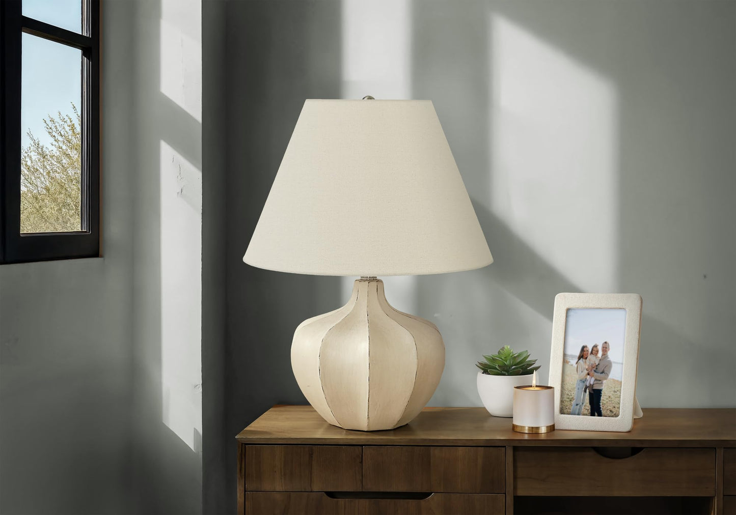 Monarch Specialties I 9733 Table Lamp, Cream Resin, Ivory Shade, 16inL x 16inW x 20.75inH