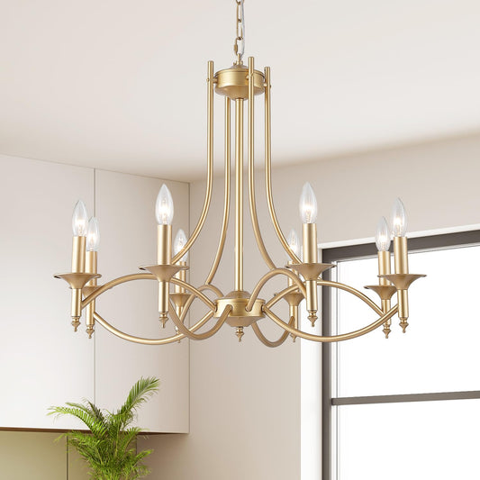 Pretoy Gold Chandeliers For Dining Room 8-Light Farmhouse Dining Room Light Fixtures Candle Chandelier Lighting For Bedroom  Hallway Entryway Living Room Kitchen Foyer