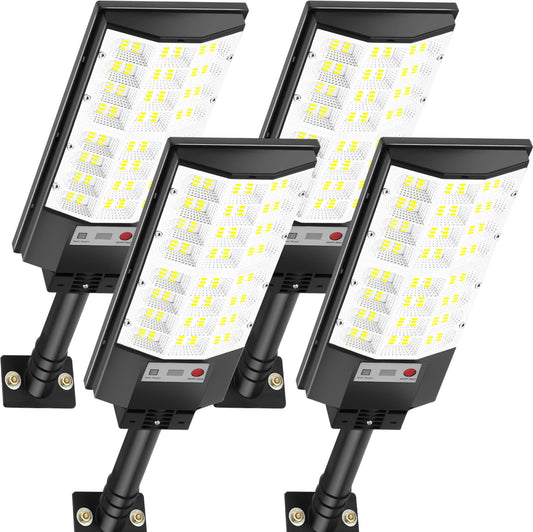 Atoechie 4 Pack Solar Street Lights  Outdoor Flood Light With Dual Motion Sensors  Dusk To Dawn  6500K Dimmable Security Lamps With Remote Control  Ip66 Waterproof Solar Powered Parking Lot Lights