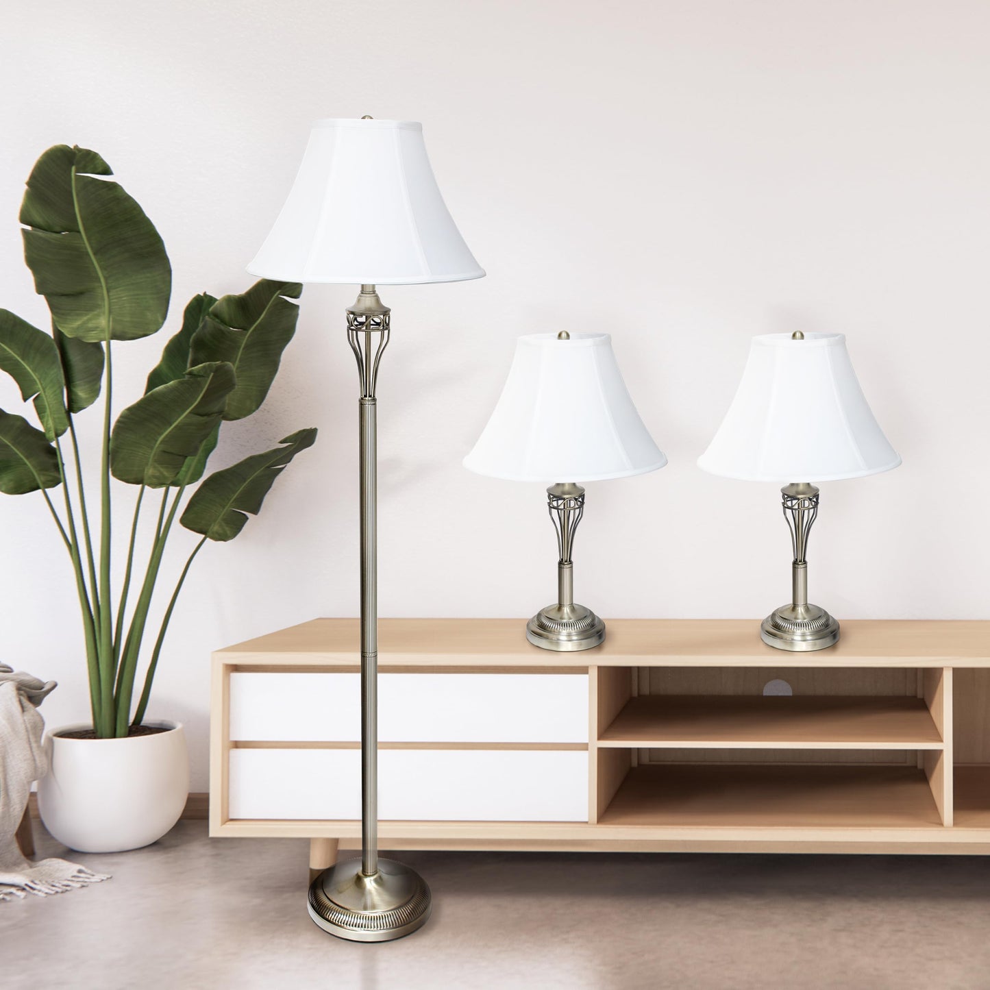 Lalia Home 3 Piece Metal Lamp Set - 2 Table Lamps & 1 Floor Lamp, Antique Brass Finish, White Empire Fabric Shades, Model 1270-LHS-1002-AB