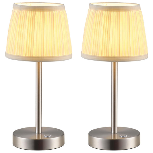 Pusu 2 Pack Cordless Led Nickel Table Lamps  Rechargeable 4000Mah 3 Way Dimmable Bedside Small Lamp With Fabric Shade  Lighting For Bedroom  Kids Room  Bathroom  Kitchen  Decor  Gift  Night Light