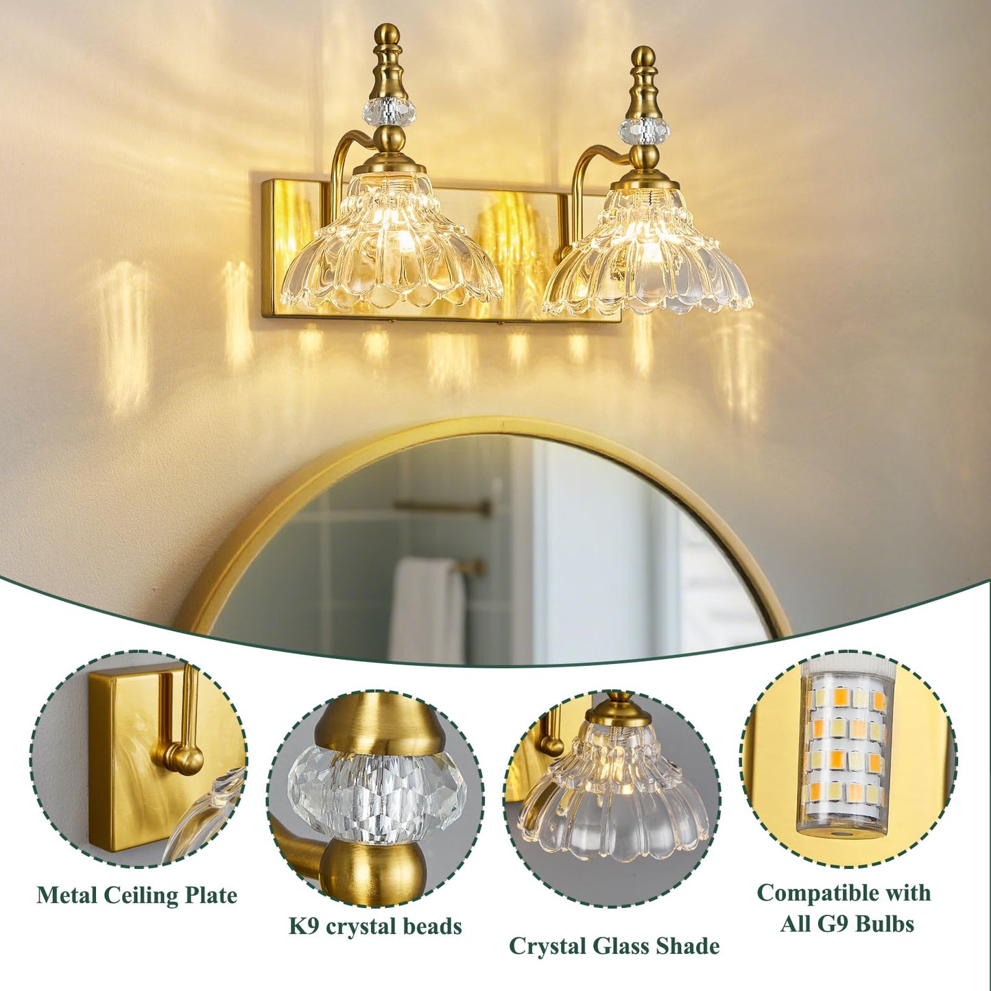 Lbsqj Vintage Bathroom Vanity Light  2-Light Gold Vanity Lighting Fixture With Flower Glass Shade  Bathroom Lighting Fixtures Over Mirror