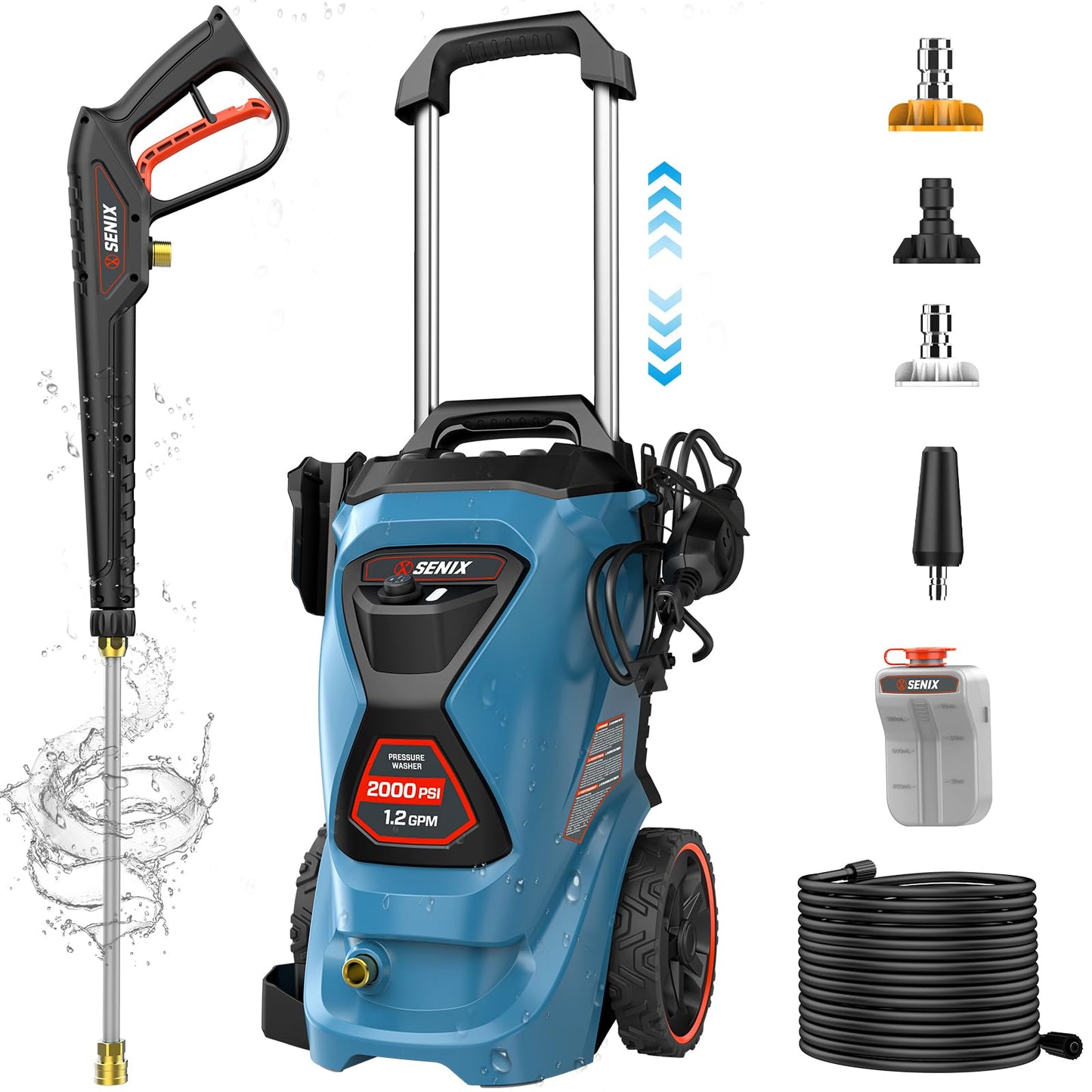 SENIX 2000 PSI Electric Pressure Washer, 1.2 GPM Compact Power Cleaner w/ 4 Nozzles, 25ft Hose & 35ft Cord. Portable High-Pressure Sprayer for Cars, Driveways, Patios, Decks & Home Outdoor Use