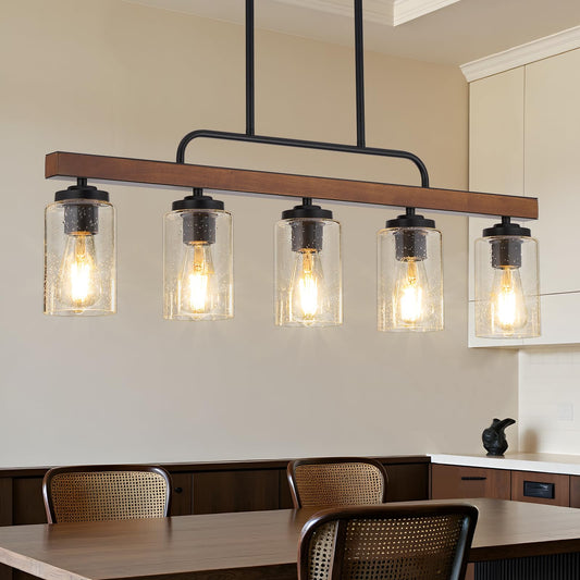 Farmhouse Chandelier 5-Light Dining Room Light Fixture Over Table Kitchen Island Lighting Rustic Chandeliers For Dining Light With Seeded Glass Shade Wood Pendant Lights Kitchen Island