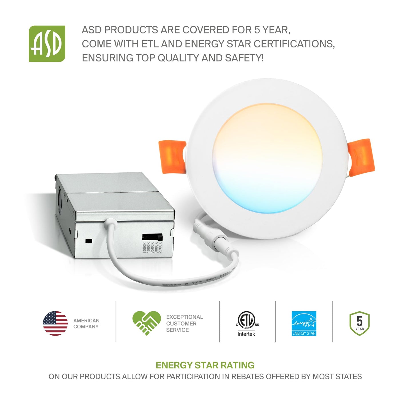 Asd 6 Pack Led Recessed Lighting 4 Inch 9W  5 Cct 2700K-5000K Cri90+  Ic Rated Ultra Thin Dimmable Ceiling Lights With J Box  Canless Wafer Downlight  Round Slim Panel Light  Energy Star Etl  White