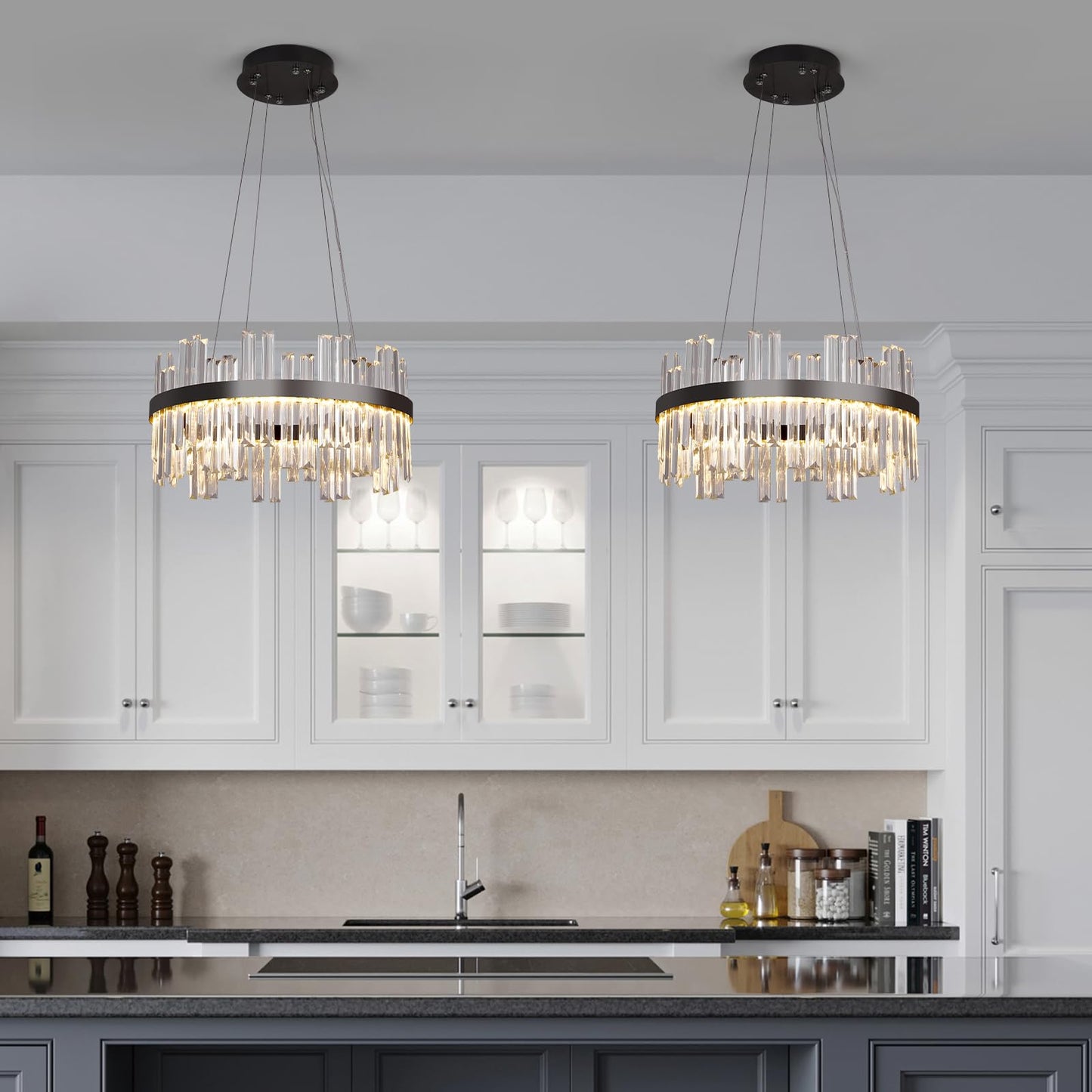 Black Led Modern Crystal Chandelier: 19.7 Round Contemporary 3 Color Dimmable Dining Room Light Fixture Over Table - Adjustable Lighting Chandeliers For Bedroom Living Kitchen Island Entryway Foyer
