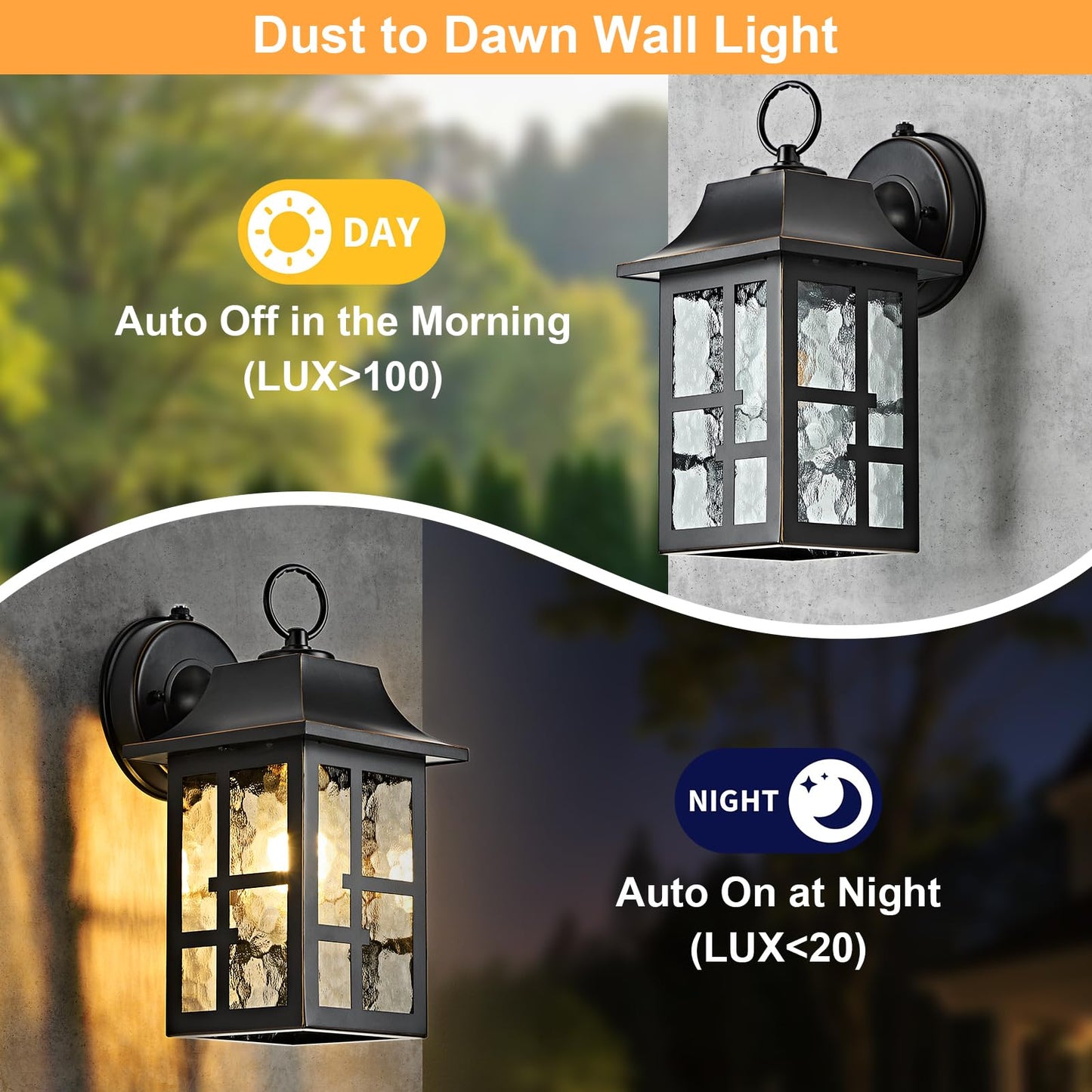 Okeli 2-Pack Dusk To Dawn Exterior Lighting Fixture  Farmhouse Outdoor Wall Lights With Ripple Glass  Aluminum Porch Light Wall Mount  Anti-Rust Outside Wall Sconce For House  Garage(Black&Gold-Trim)