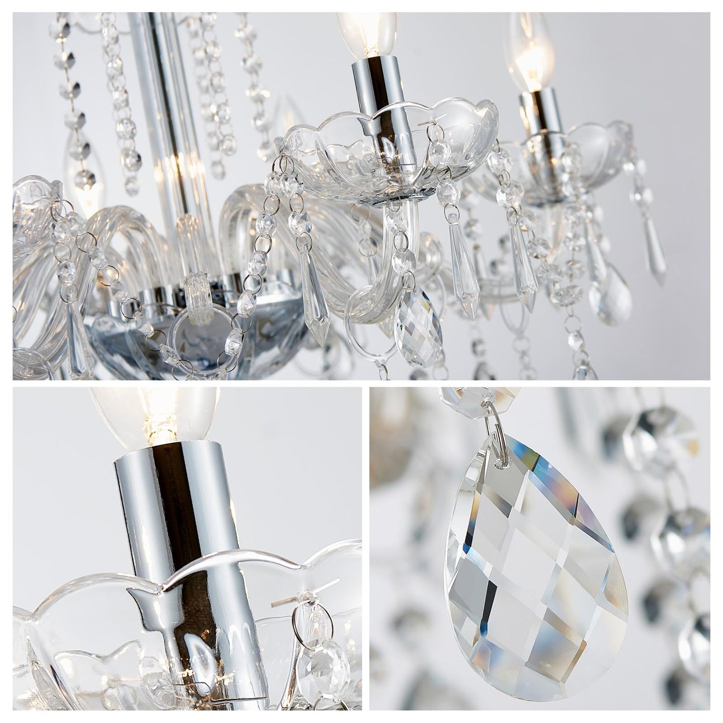 Wuzups 6-Light Crystal Candle Chandelier Pendant Ceiling Light Modern Lighting Fixture For Bedroom Hallway Bar Kitchen Bathroom  H 25.6 W 24.4  E12 Base  Chrome
