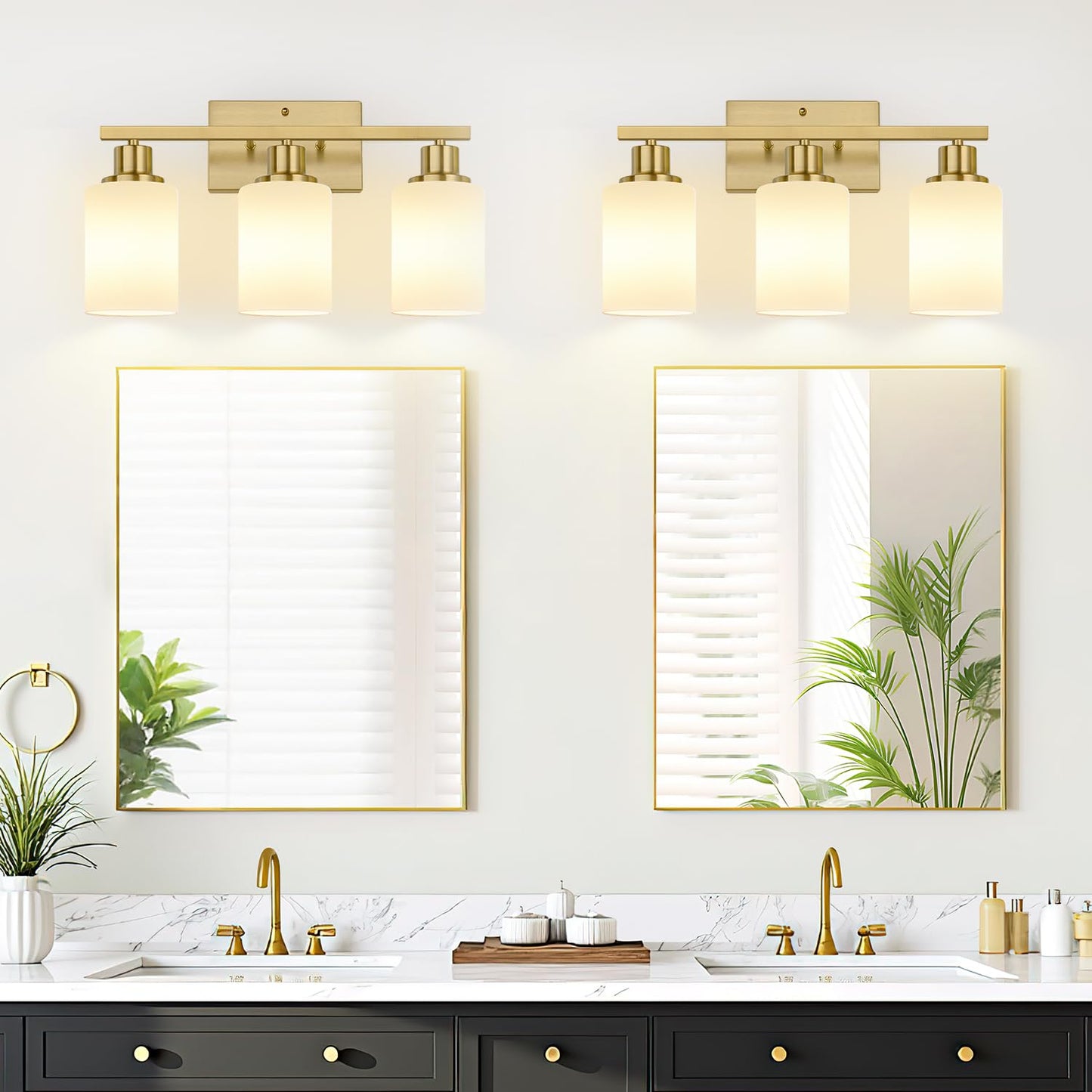 3-Light Bathroom Light Fixtures  Brushed Gold Vanity Light With Milky White Shades  Bathroom Lighting Fixtures Over Mirror  Modern Bathroom Wall Lamp For Mirror Living Room Cabinet Bedroom