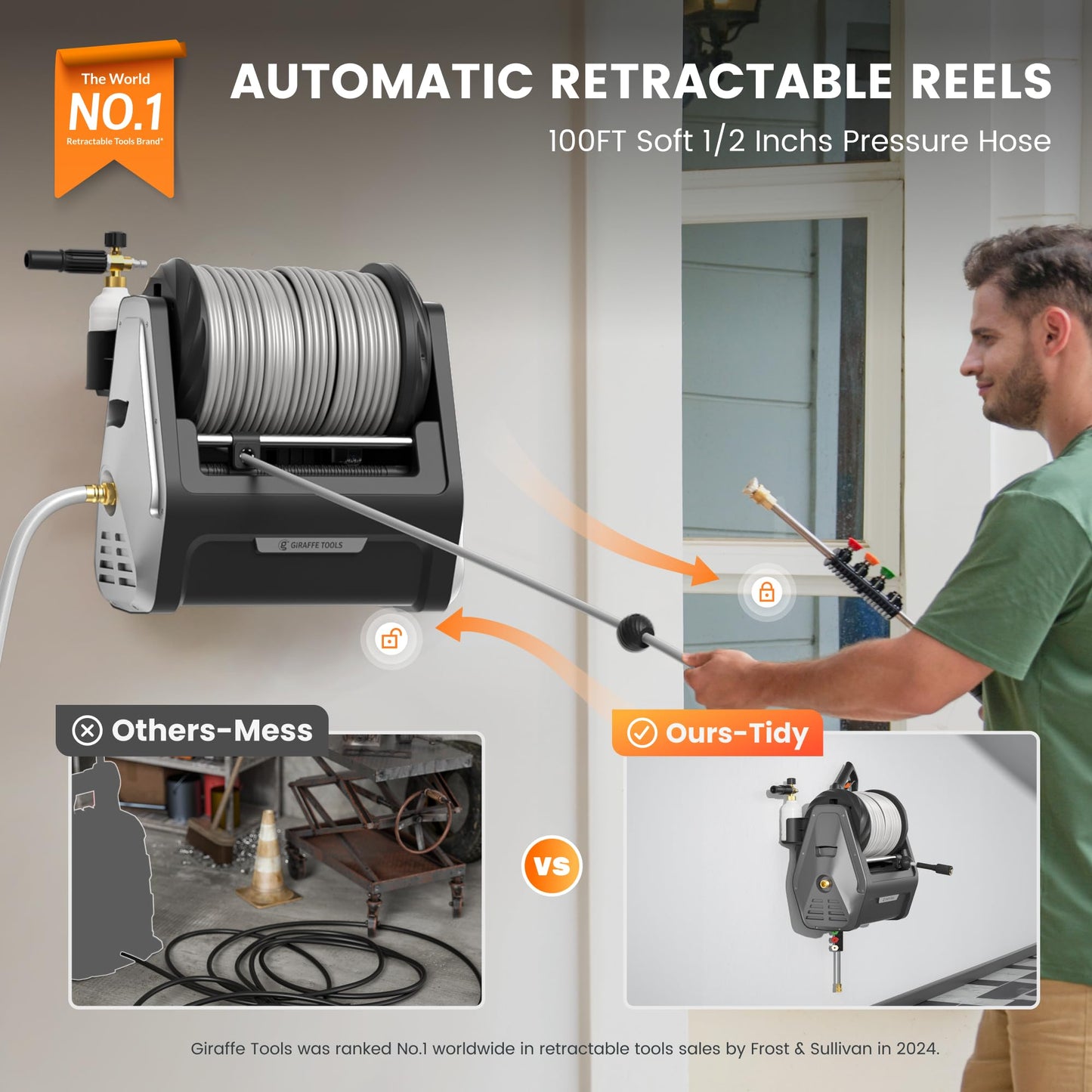 Giraffe Tools Grandfalls Retractable Wall Mount Pressure Washer Plus, Electric Power Washer with 100ft Pressure Hose, Max 2900PSI 2.2 GPM, Automatic Rewind, Any Length Lock, Light Silver