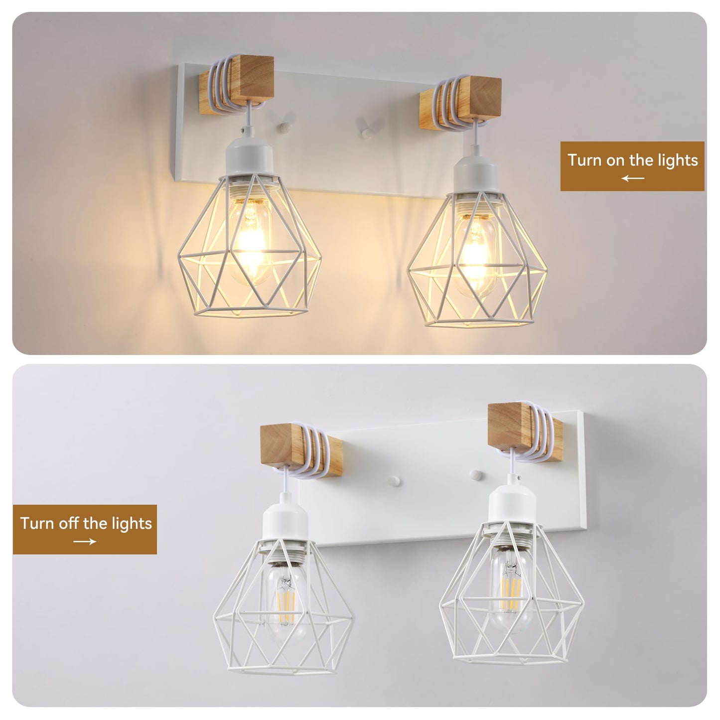 Farmhouse Vanity Light For Bathroom  2-Light White Wood Bathroom Vanity Light Fixtures Over Mirror  Rustic Sconces Wall Lighting With Metal Lampshade For Living Room  Bedroom  Hallway