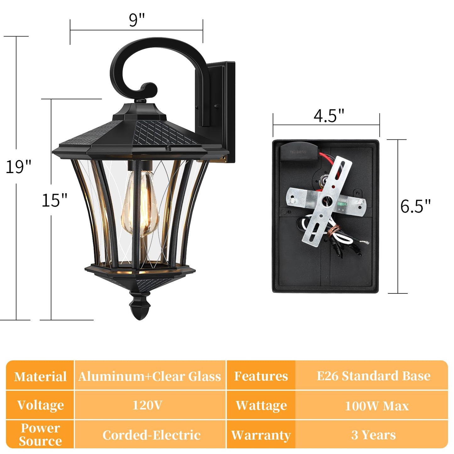 Ysn 19 Large Outdoor Wall Lights 2 Packs  Black Porch Light Fixture Exterior Sconce Light  Retro Outdoor Lighting Fixtures Wall Mount  Waterproof Outdoor Lights For House Garage Yard