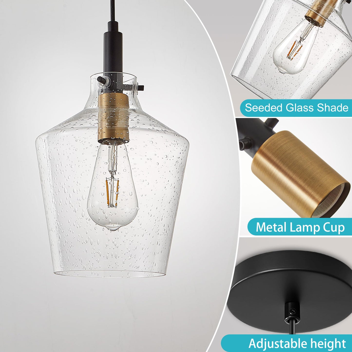 Vaziden Modern Seeded Glass Pendant Lighting For Kitchen Island 1 Pack  Farmhouse Black And Gold Pendant Light Fixtures  Height Adjustable Ceiling Pendant Light  Angled Seeded Glass Shades 8 Inch