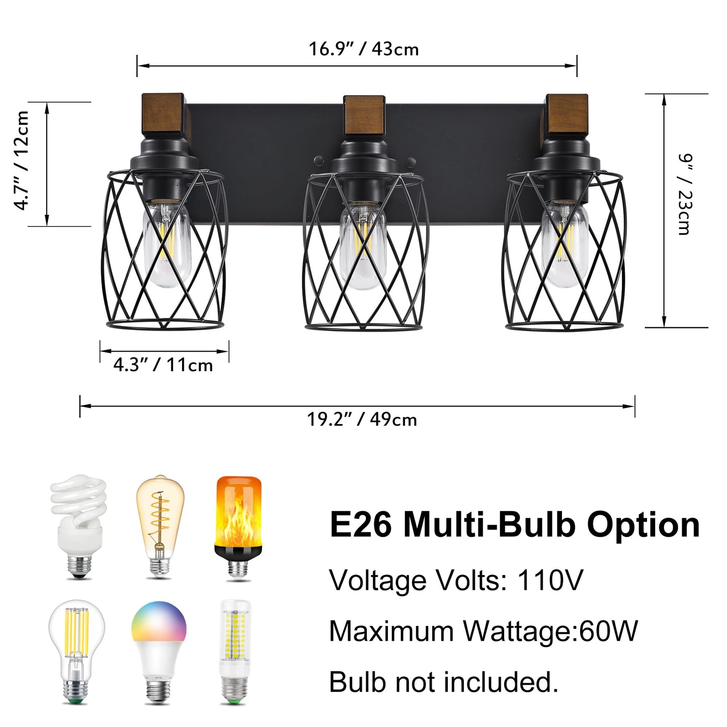 Xvmbvm Farmhouse Bathroom Vanity Light  3-Light Wood Bathroom Light Fixtures Over Mirror  Black Industrial Vanity Lights With Metal Shade  Rustic Bathrooms Lighting For Living Room  Bedroom  Hallway