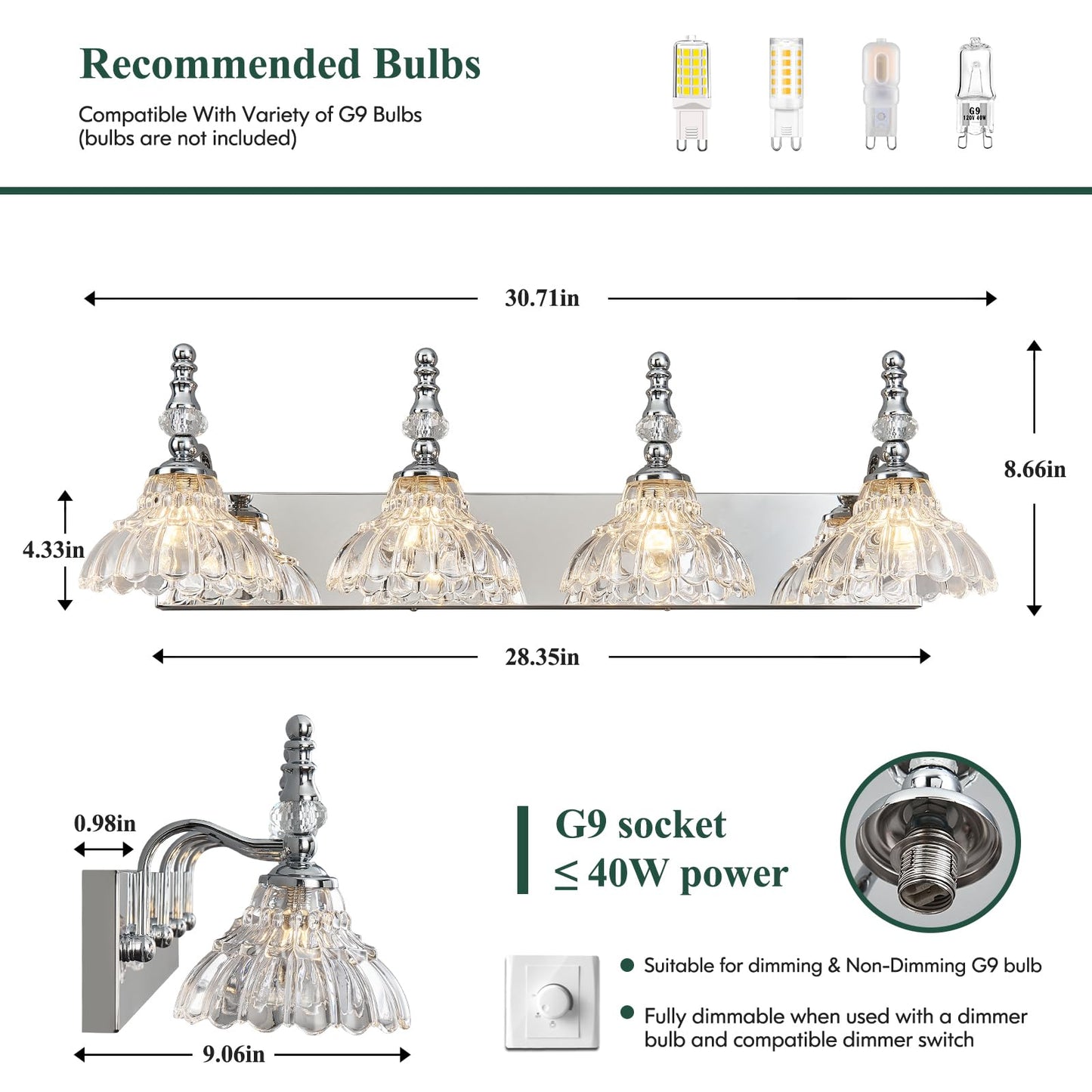 Lbsqj Vintage Bathroom Vanity Light  4-Light Chrome Vanity Lighting Fixture With Flower Glass Shade  Bathroom Lighting Fixtures Over Mirror