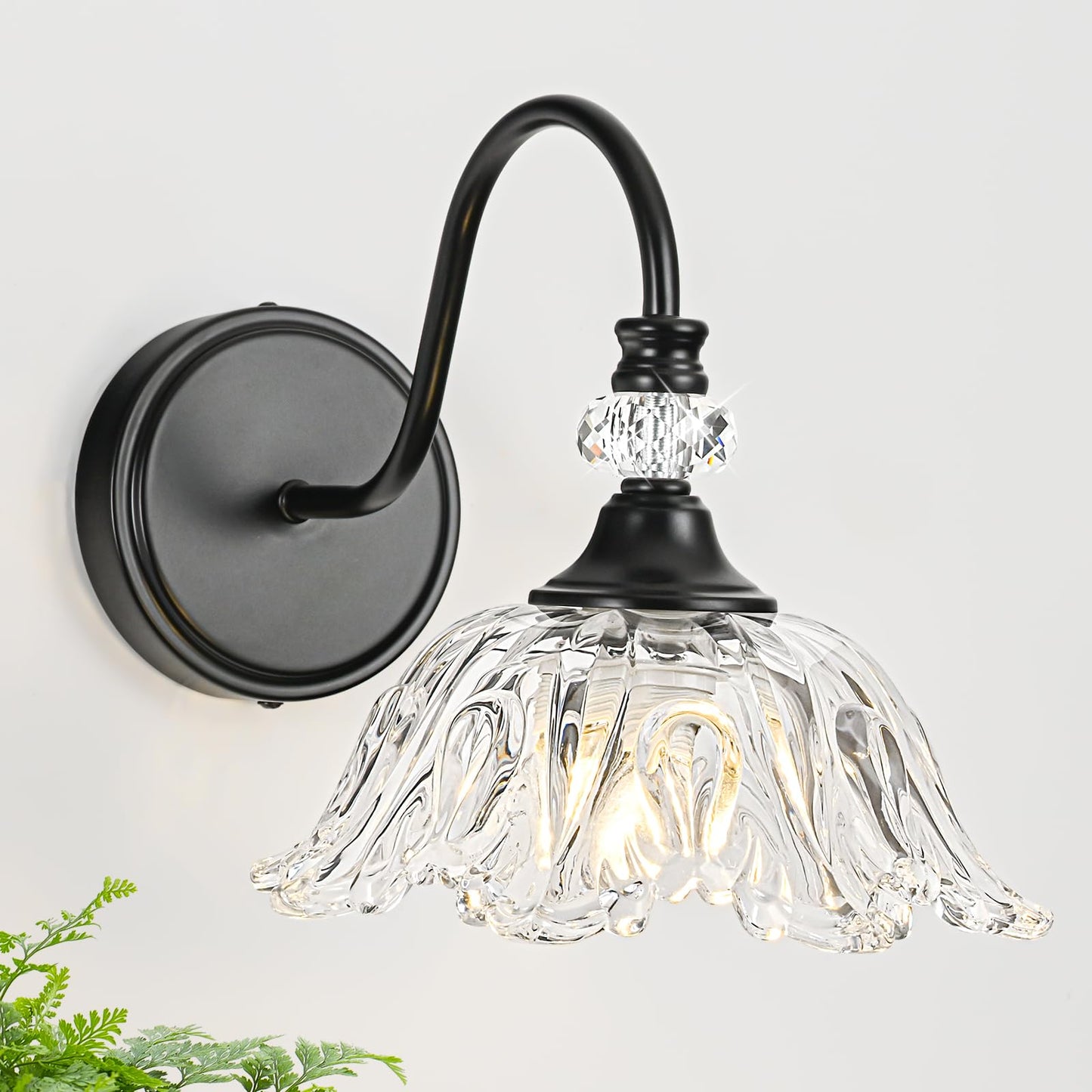 Sunkryster 1 Piece Black Wall Sconce With Floral Clear Glass Shade  Black Farmhouse Wall Mount Lighting For Bathroom Vintage Bathroom Vanity Light Fixture