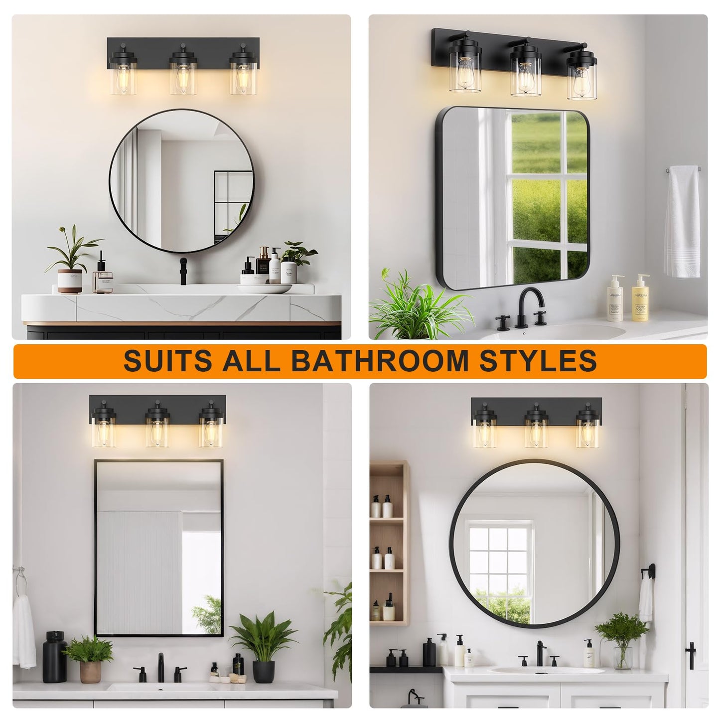 Izorro Bathroom Vanity Light Fixture  3-Light 22 Inch Matte Black Bathroom Light Fixtures Over Mirror  With Clear Glass Shade  Modern Farmhouse Vanity Lights  Rustic Restroom Lighting Fixtures