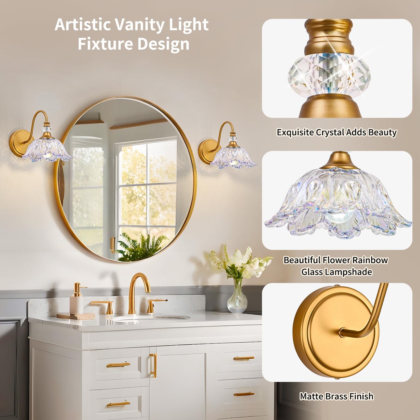 Sunkryster 1 Piece Vintage Wall Sconce With Floral Rainbow Glass Shade  Matte Brass Finish Wall Mount Lighting For Bathroom Vintage Bathroom Vanity Light Fixtures