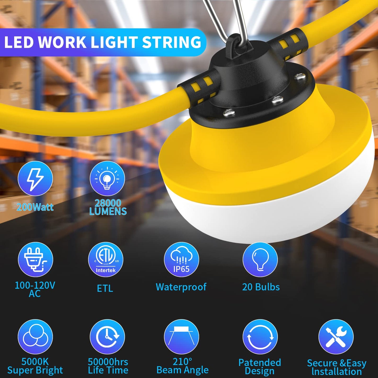 Muasdae 200FT Construction String Lights LED, Yellow, 2 Prong, Industrial Grade for Outdoor Lighting, Includes Climbing Hook
