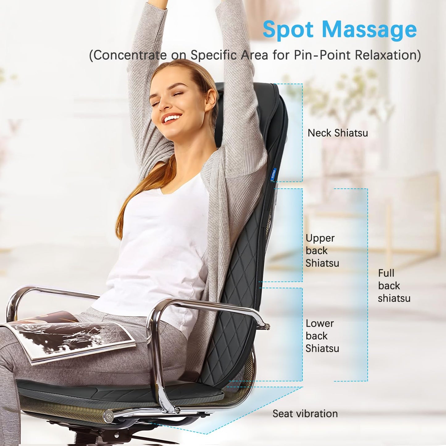 CuPiLo Shiatsu Neck & Back Massager with Heat, Massage Chair Pad Cushion for Stress Relief, Inflatable Flaps Back Support, Kneading or Rolling Chair Seat Massage,Ideal Gifts for Men,Women,Family