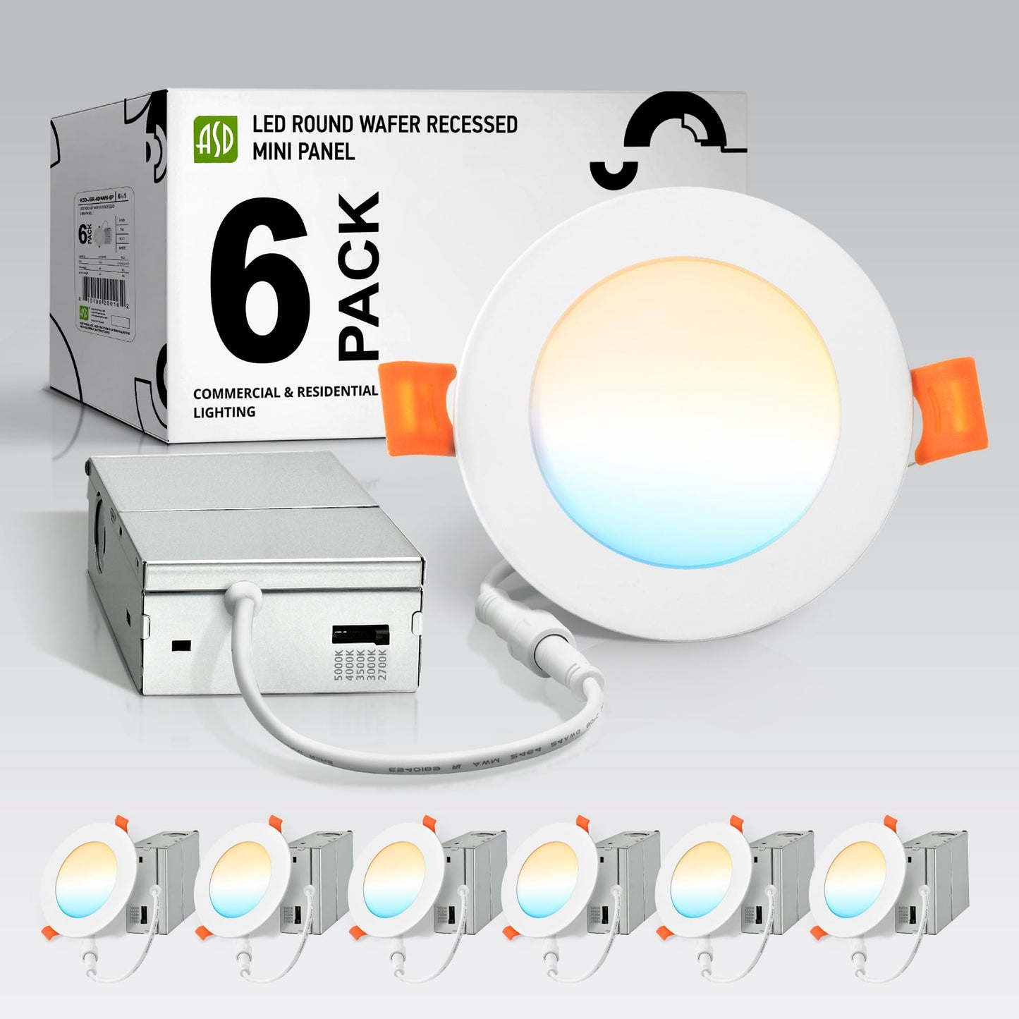 Asd 6 Pack Led Recessed Lighting 4 Inch 9W  5 Cct 2700K-5000K Cri90+  Ic Rated Ultra Thin Dimmable Ceiling Lights With J Box  Canless Wafer Downlight  Round Slim Panel Light  Energy Star Etl  White