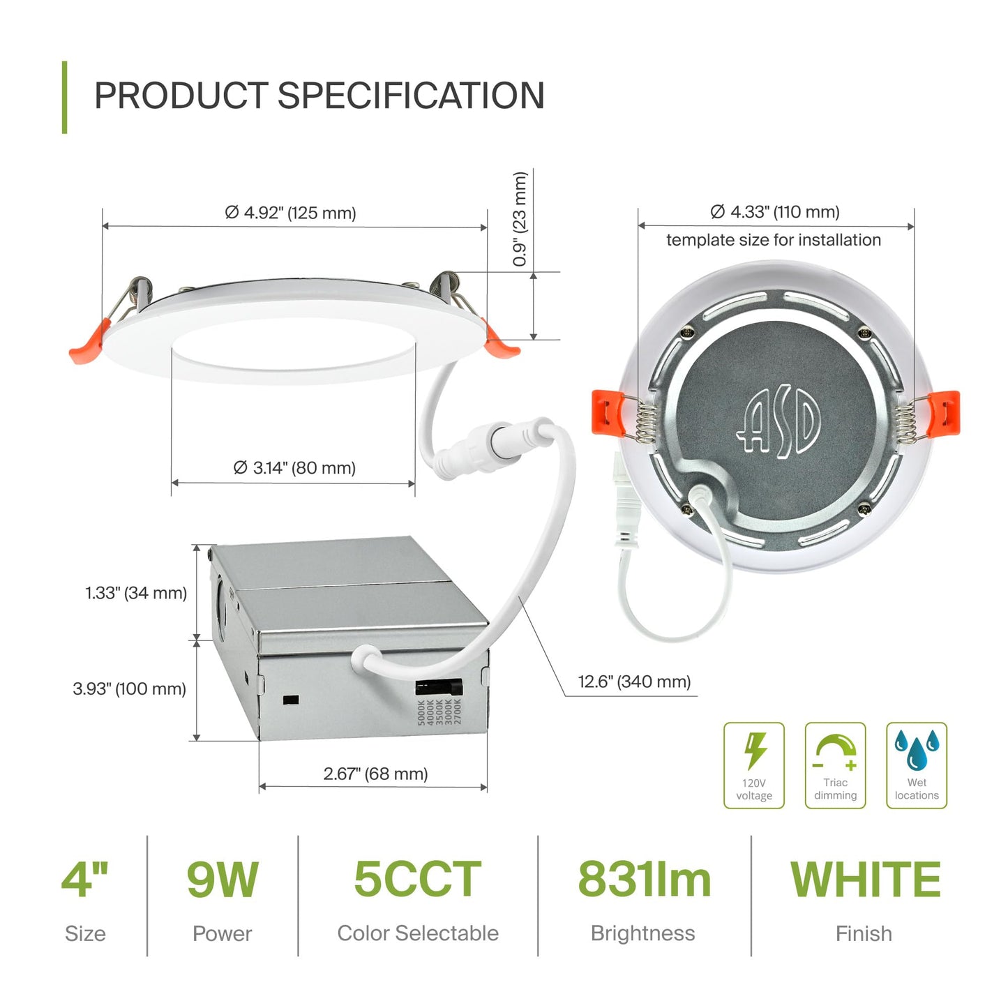 Asd 6 Pack Led Recessed Lighting 4 Inch 9W  5 Cct 2700K-5000K Cri90+  Ic Rated Ultra Thin Dimmable Ceiling Lights With J Box  Canless Wafer Downlight  Round Slim Panel Light  Energy Star Etl  White
