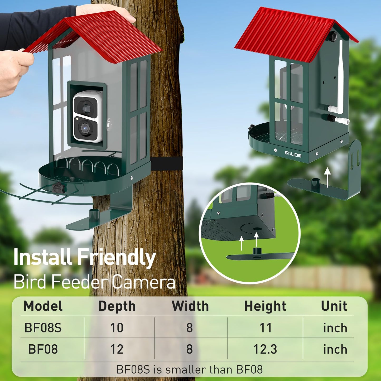 SOLIOM Smart Bird Feeder with Camera for Outdoors, Durable Metal Solar AI Birdhouse, 2K Live View & Instant Alerts, Squirrel-Proof – Complete Bird Watching Gift Set(Red)