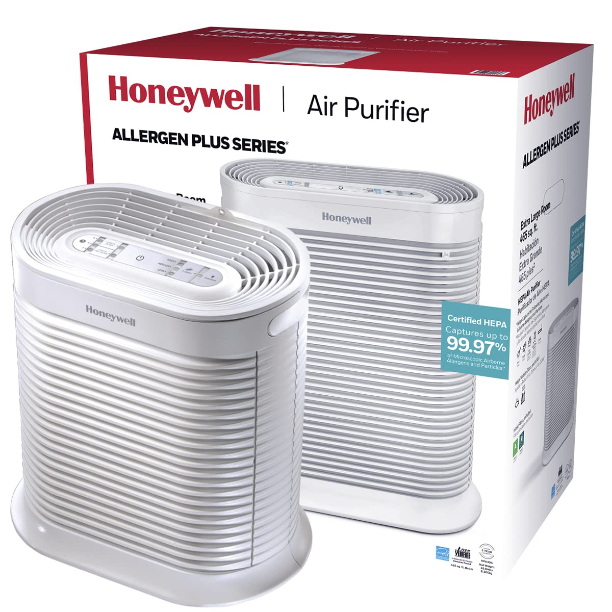 Honeywell HPA300 HEPA Air Purifier, Airborne Allergen Reducer for Large Rooms (465 sq ft), White - Wildlfire/Smoke, Pollen, Pet Dander, and Dust Air Purifier