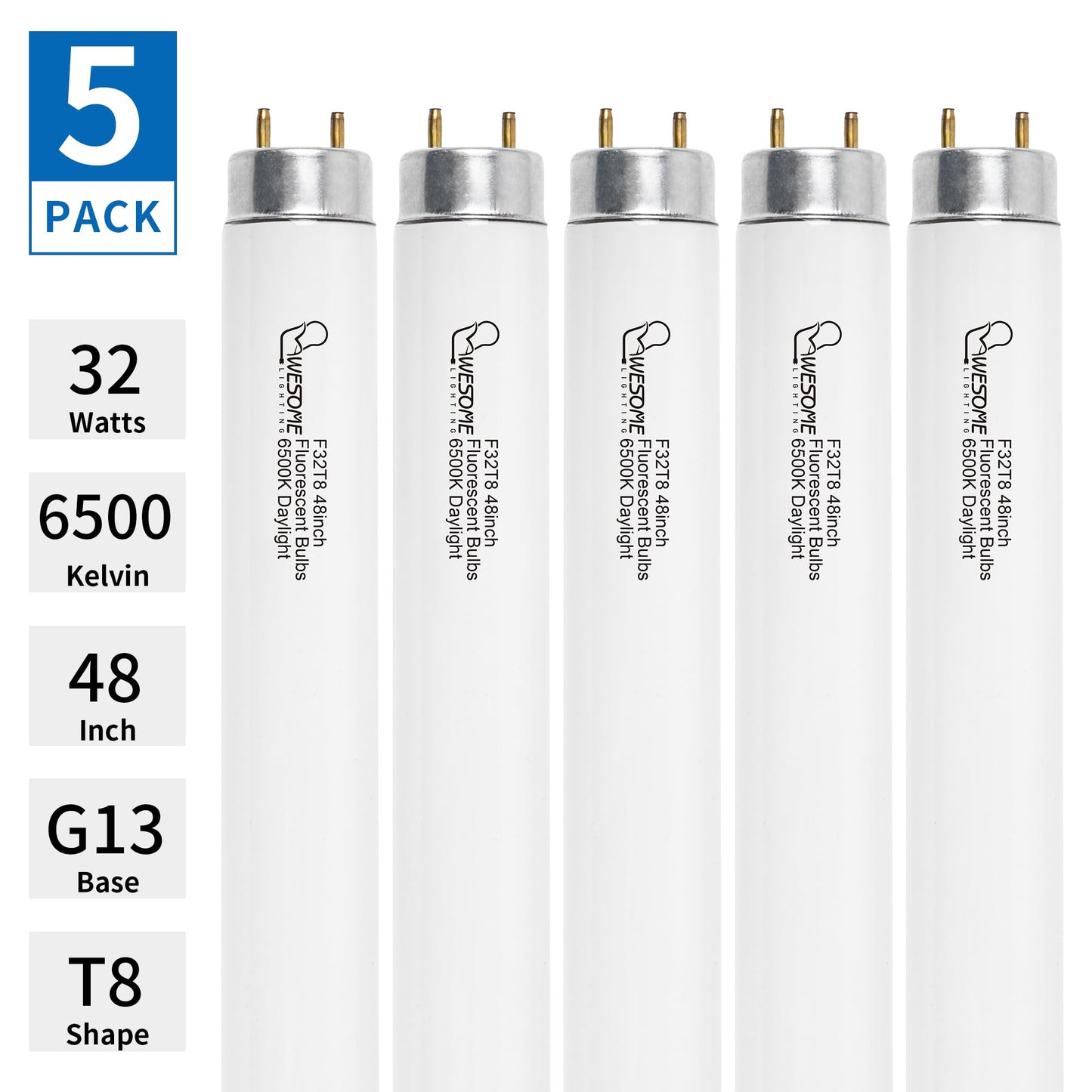 Wesome Lighting F32T8/865 Fluorescent Light Bulb  48 Inch  32 Watts  6500K Daylight  2800 Lumens  G13 Bi-Pin Base  4Ft T8 Fluorescent Tube Light Bulbs - 5 Pack
