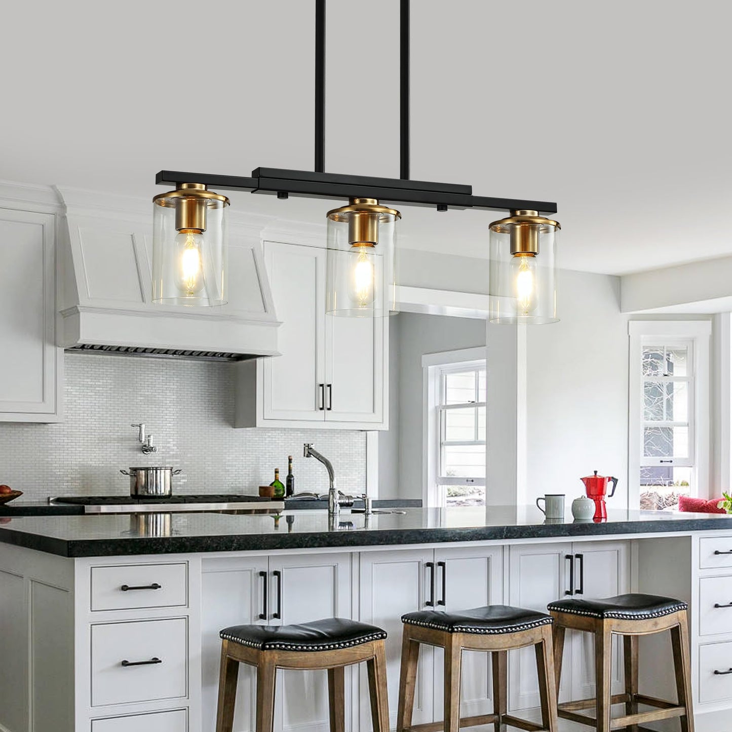 Xvmbvm 3-Light Kitchen Island Lighting Dining Room Lights Modern Farmhouse Chandelier With Clear Glass Shade Modern Rustic Black And Gold Metal Chandelier  Kitchen Pendant Light Fixtures Over Table