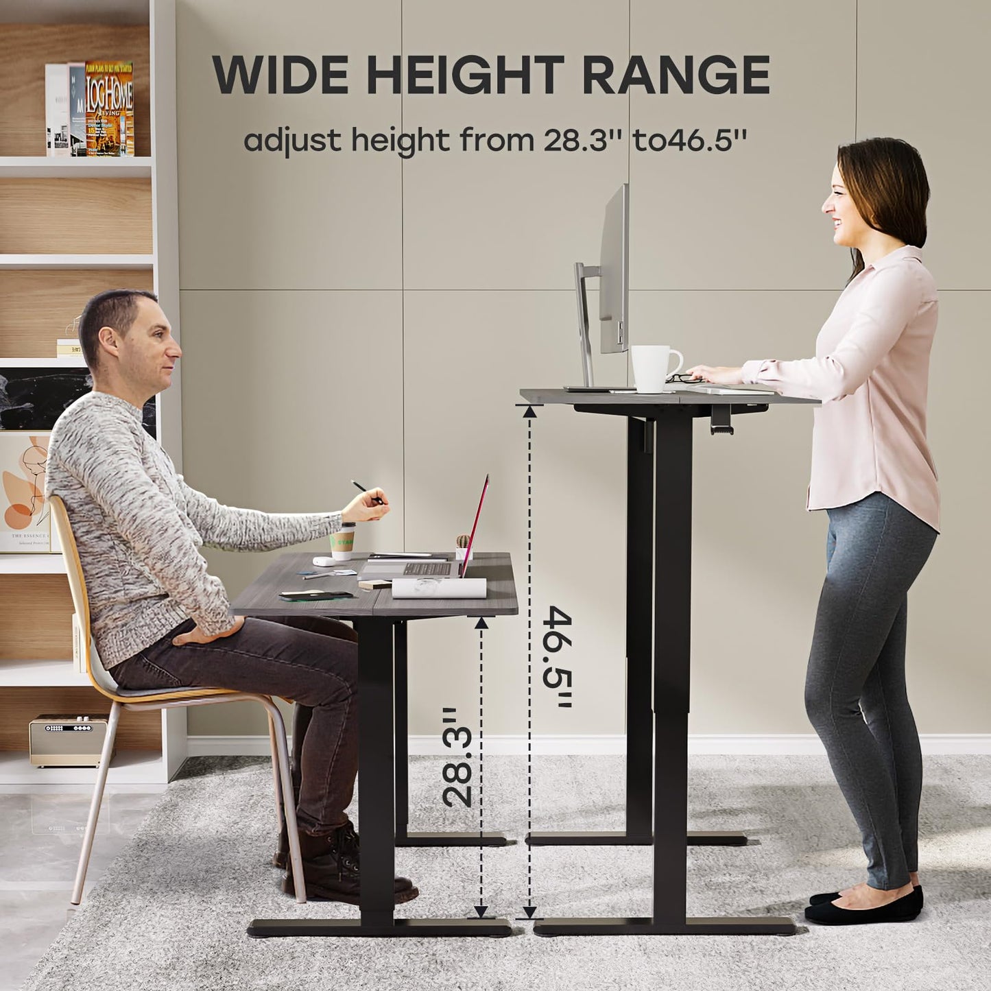 JYLH JOYSEEKER Grey Standing Desk, 48 X 24 Inch Adjustable Height Electric Table, Sit Stand Desk with 2 Hooks, Ergonomic Rising Workstation with Splice Board