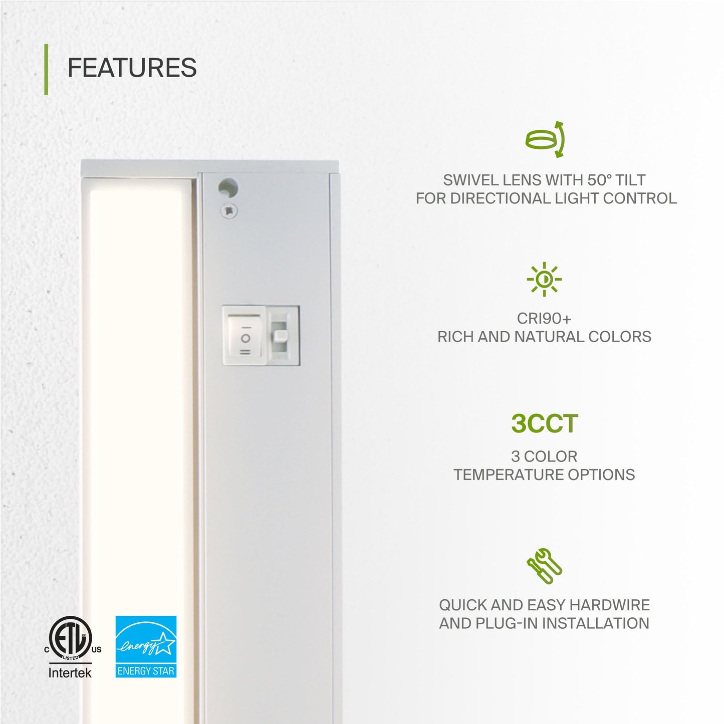 Asd Swivel Led Under Cabinet Light, 18 Inch, Dimmable, 8W, Hardwired/Plug-In, 2700K/3000K/4000K, Aluminum