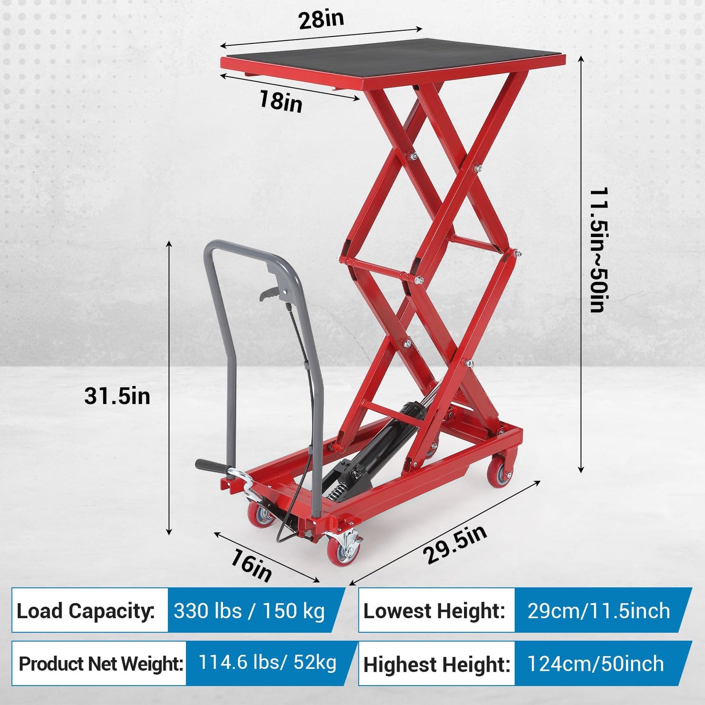 Hydraulic Lift Table Cart, 330lbs Capacity 50" Lifting Height Hydraulic Table Cart, Double Scissor Lift Table with Non-Slip Pad for Material Handling and Transportation, Red