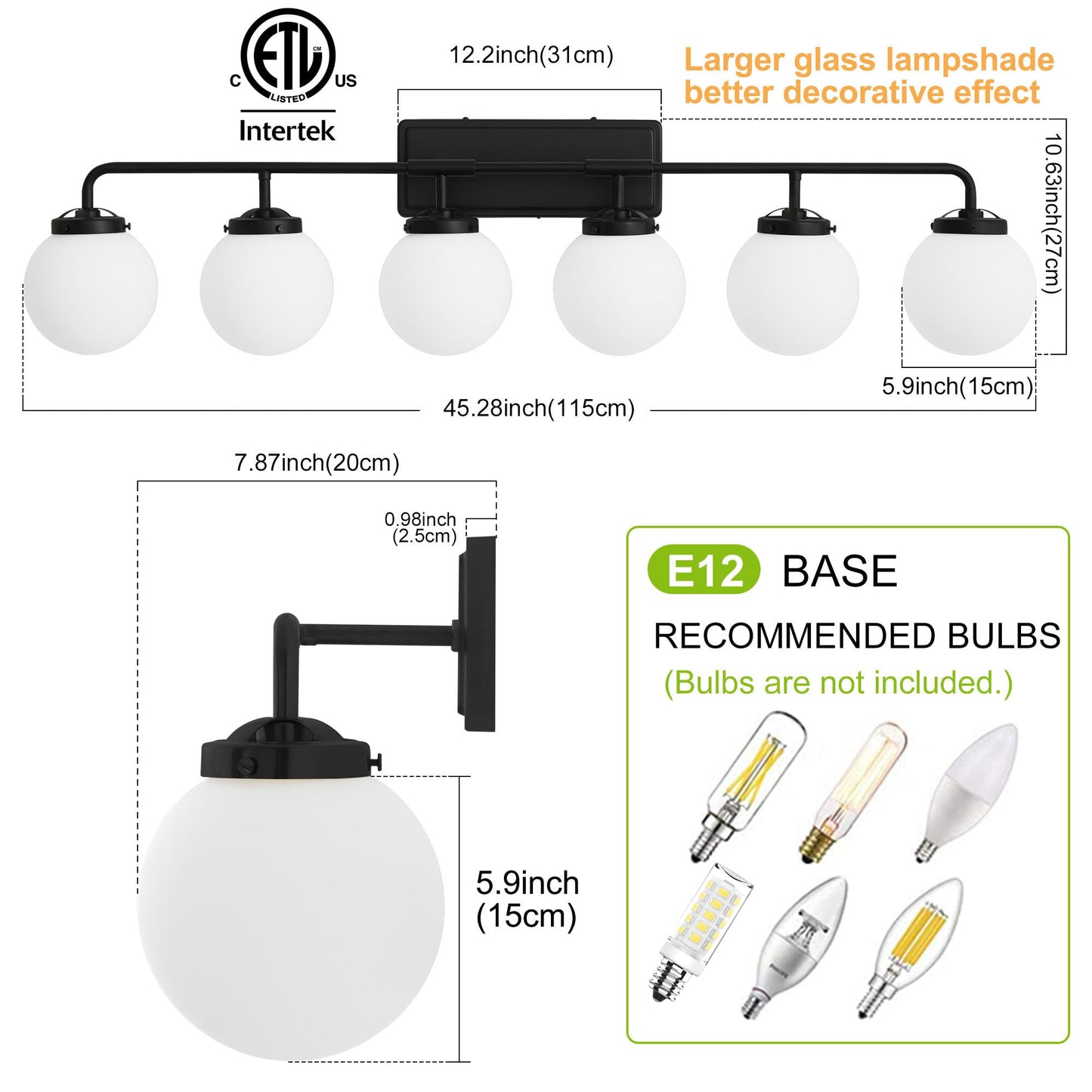 Deyidn Bathroom Light Fixtures Over Mirror  6-Light Matte Black Vanity Lighting With Milk White Glass Globe Shades Modern Wall Sconce