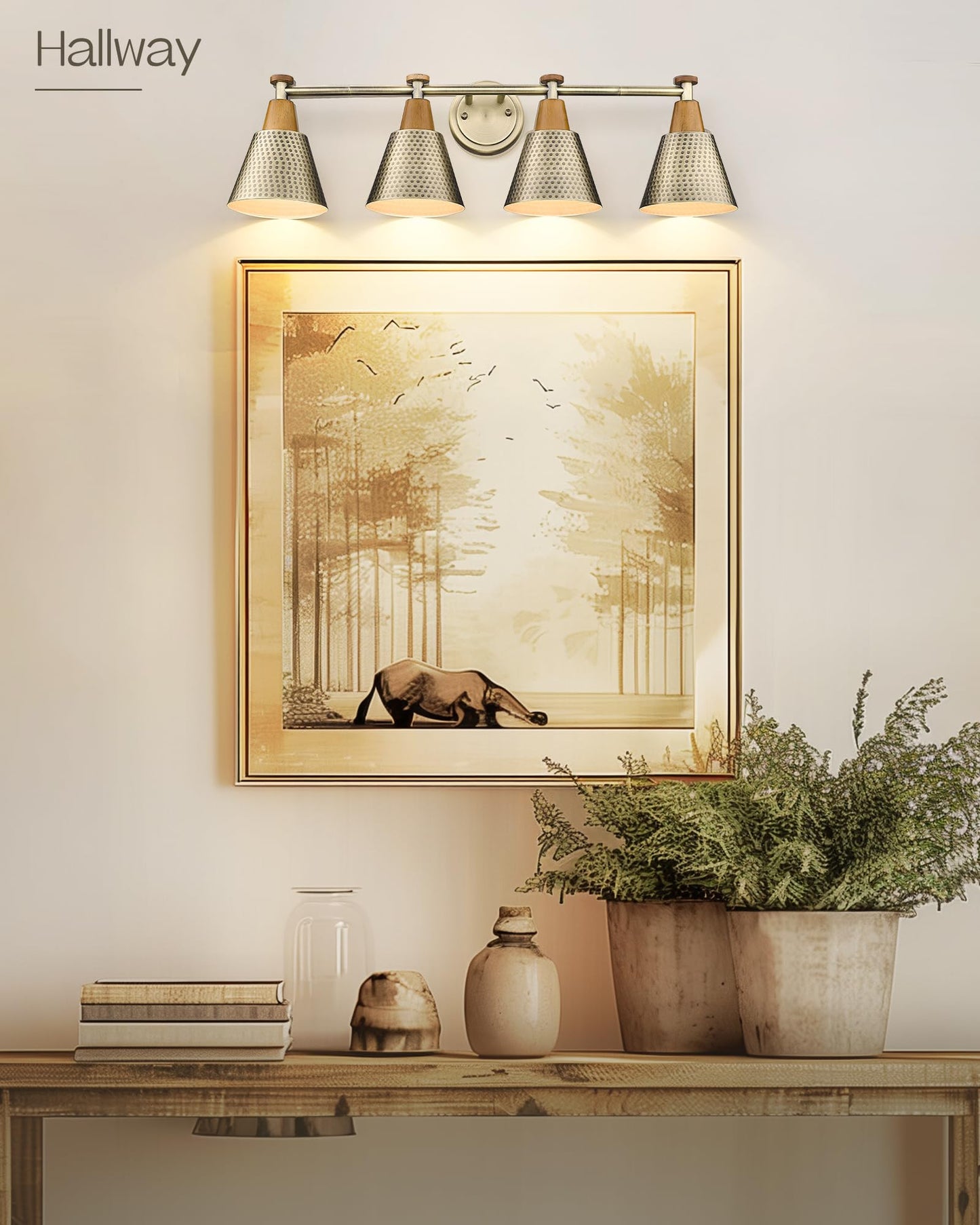 FEMILA Vanity Lights, 4-Light Bathroom Fixture, Antique Brass Wall Sconces, Hammered Metal Shade, 1 Pack