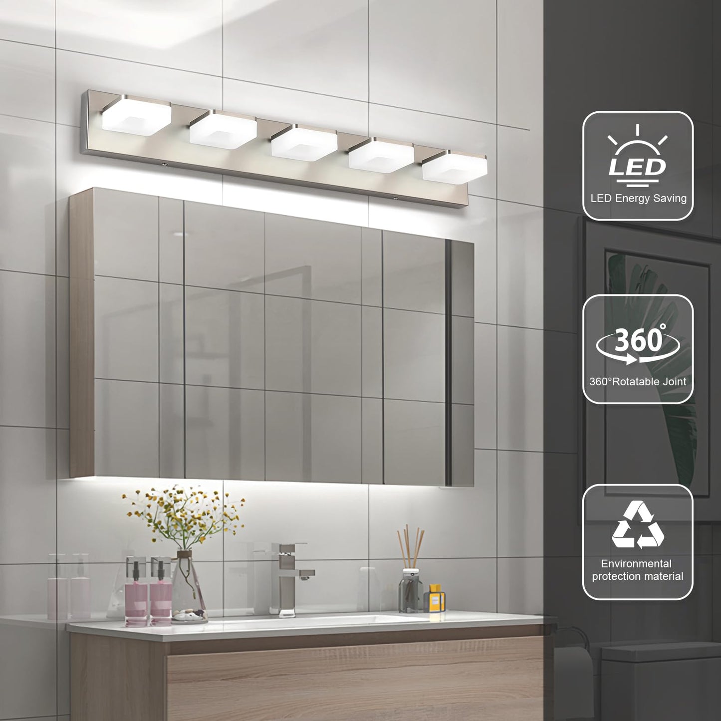 Bicrink Brushed Nickel Vanity Lights For Bathroom 5 Light Vanity Lighting Fixtures For Mirror 32 Adjustable 5500K Modern Led Vanity Light Over Mirror  Bath Wall Lighting Fixtures