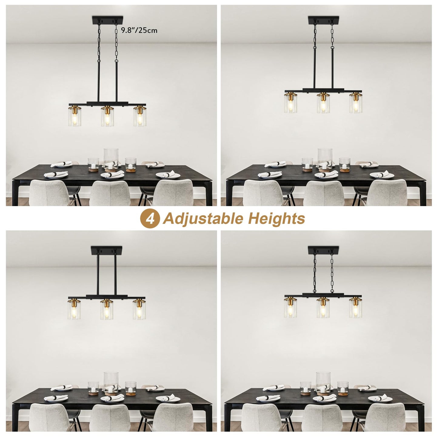 Xvmbvm 3-Light Kitchen Island Lighting Dining Room Lights Modern Farmhouse Chandelier With Clear Glass Shade Modern Rustic Black And Gold Metal Chandelier  Kitchen Pendant Light Fixtures Over Table