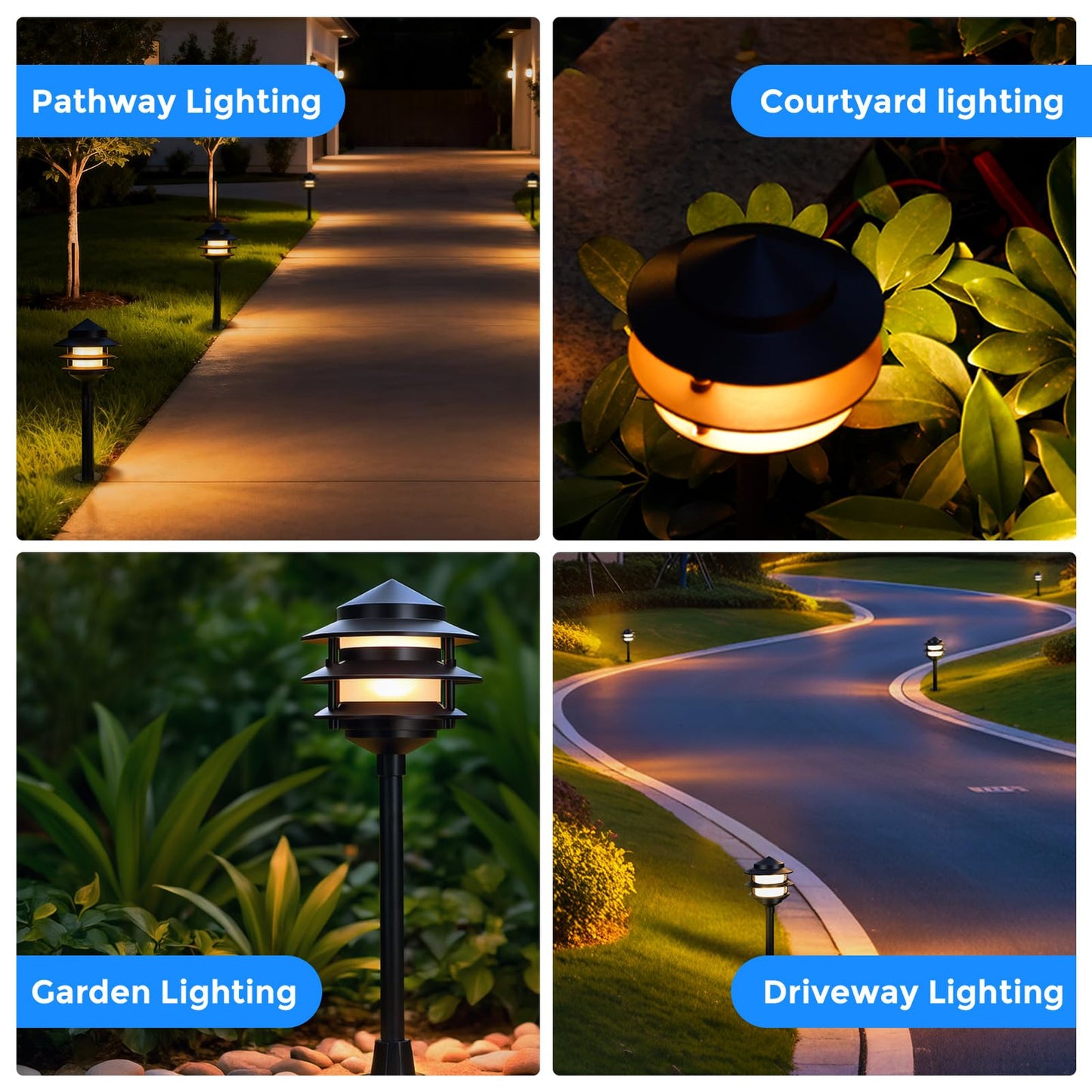 Gardencoin Pagoda Low Voltage Landscape Pathway Lights  12V Outdoor Led Path Lights Wired  Aluminum Walkway Lighting With 4W 2700K Replaceable G4 Bulb  Classic 3-Tier Lantern  6 Pack
