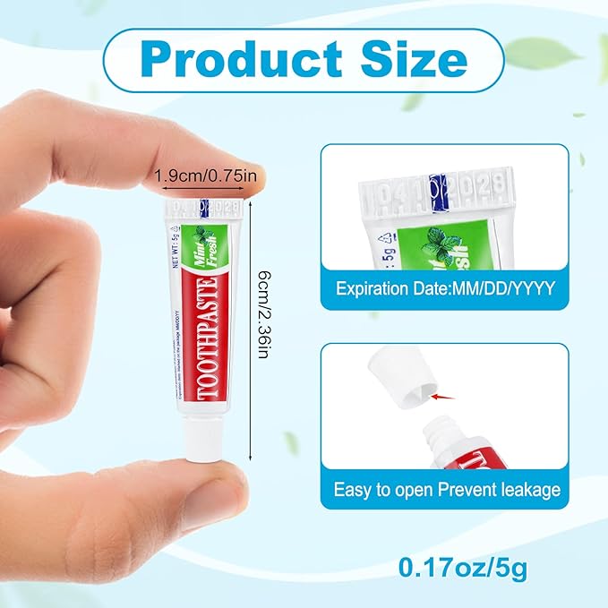 10 Tubes Travel Size Toothpaste in Bulk, Disposable Mini Mint Compact Small Pocket Size Essential Toothpaste for Vacation Hotel Shelter Homeless Nursing Home Charity Camping Single Use 0.17 oz/ 5g