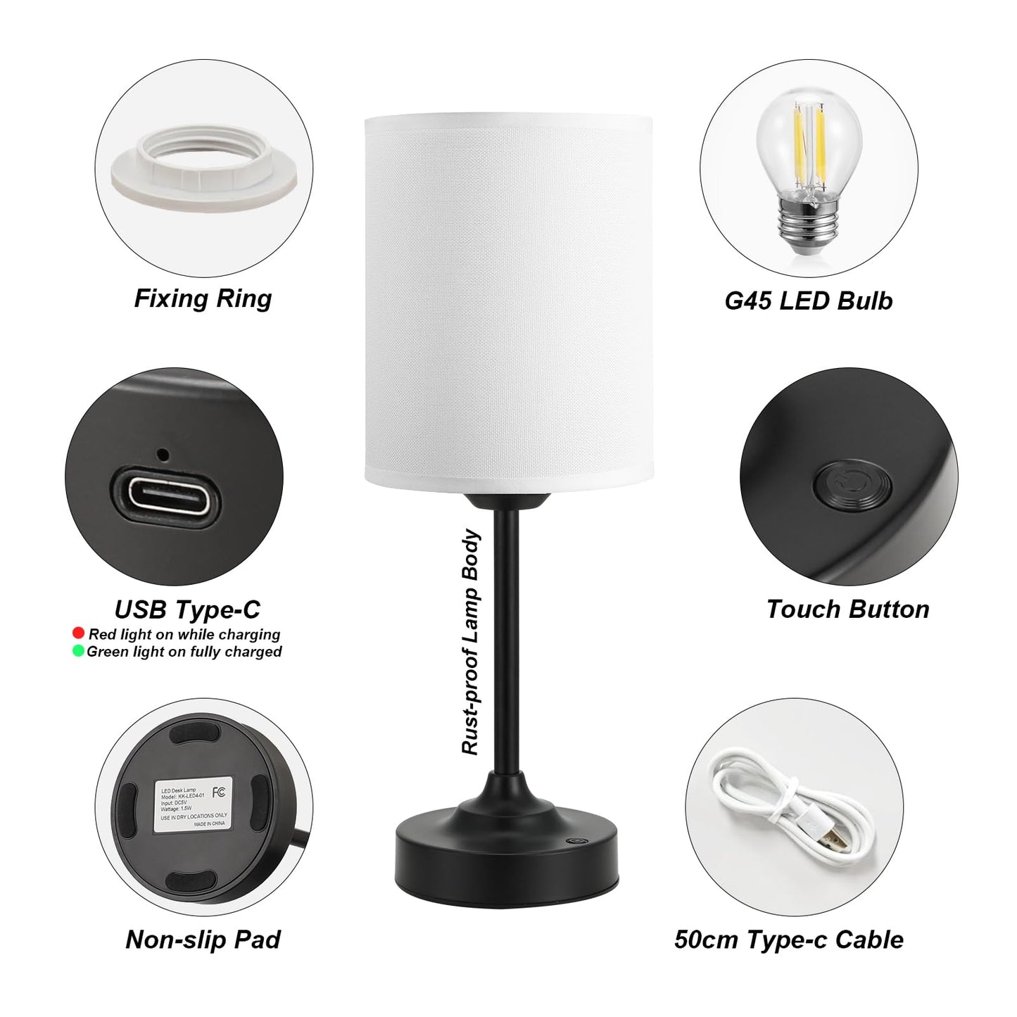 Touch Control Cordlss Table Lamp  Usb-C Rechargeable Lamp With Stepless Dimming  4000Mah Battery Operated Bedside Lamp For Bedroom  Living Room  Night Light & Emergency Lighting  Black  2 Pack