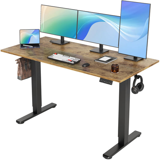 Seang Electric Height Adjustable Standing Desk, 55 x 24 Inch Sit Stand Desk with T-Shaped Frame, 3 Memory Presets & Cable Management for Home Office Computer Workstation, Black Frame/Rustic Brown Top