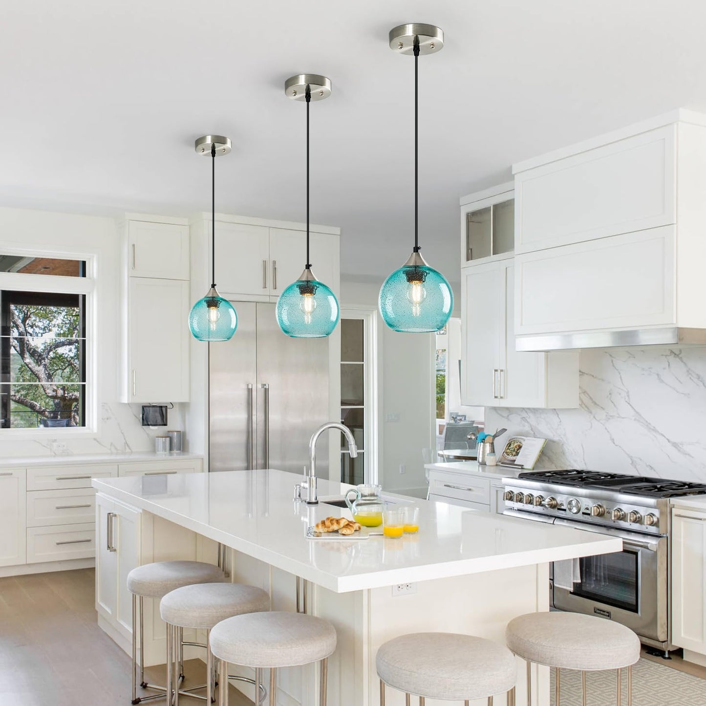 Lbsqj Light Blue Glass Pendant Lights Kitchen Island Globe Pendant Light Fixtures Modern Pendant Lighting For Bedroom Living Dining Room Light Fixture (5.9 In  1 Pack)