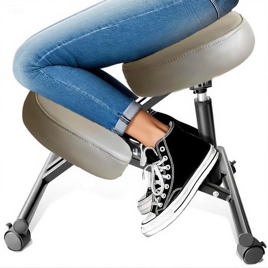PU Leather Ergonomic Kneeling Chair, Adjustable Home and Office Stool with Thick Pads and Flexible Lockable Brake Wheels for Back Pain Relief（Dark Brown）