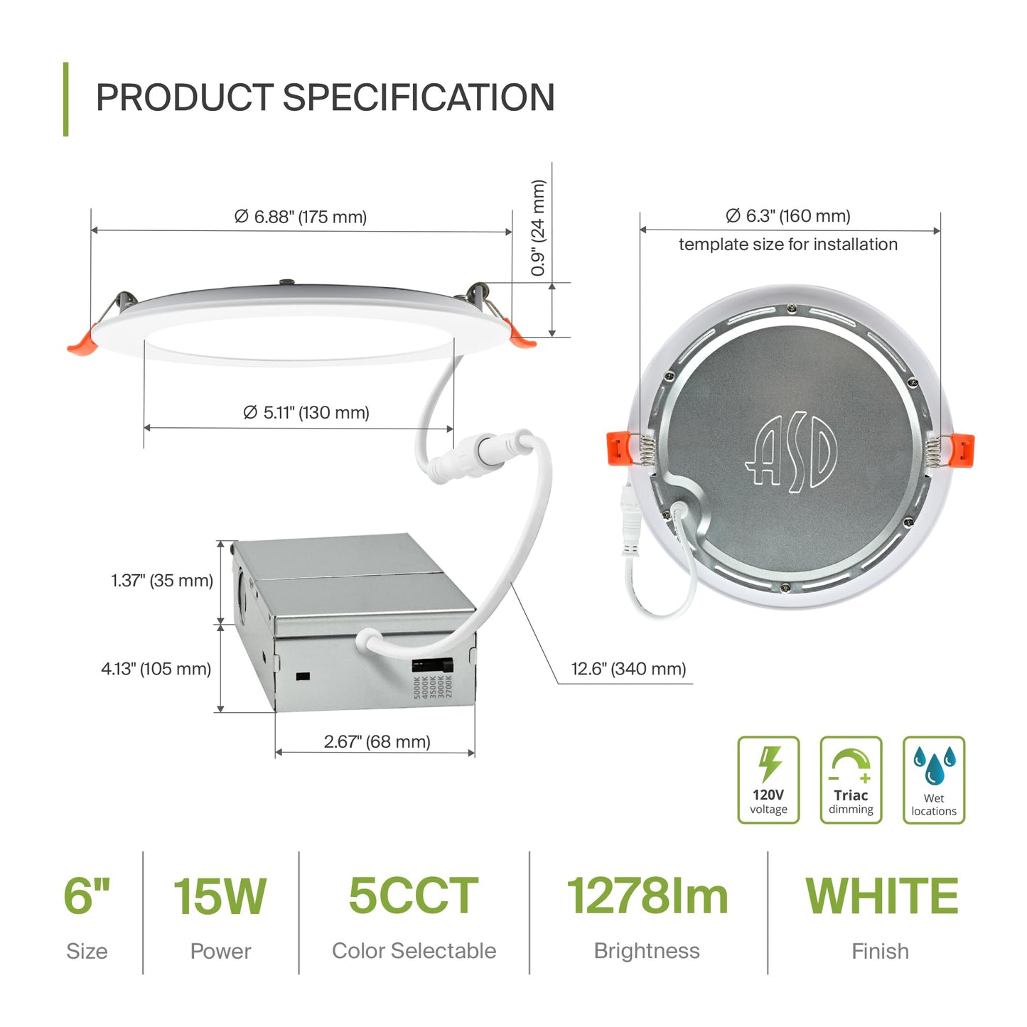 Asd 6 Pack Led Recessed Lighting 6 Inch 15W  5 Cct 2700K-5000K Cri90+  Ic Rated Ultra Thin Dimmable Ceiling Lights With J Box  Canless Wafer Downlight  Round Slim Panel Light  Energy Star Etl  White