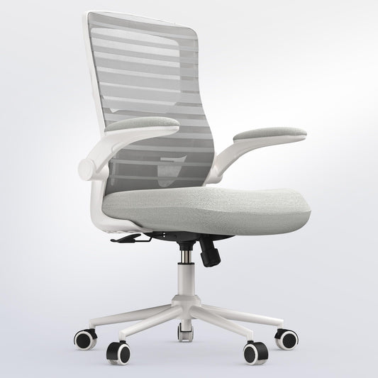 QLTPLUS Office Chair for Long Hours & Lower Back Pain Relief – 4" Thick Molded Foam Cushion, Enhanced Lumbar Support, Flip-up Armrests, Light Gray